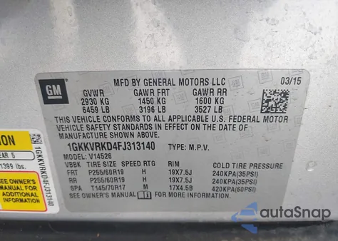 2015 GMC Acadia Slt-1 z USA, uszkodzony, nr VIN 1GKKVRKD4FJ313140